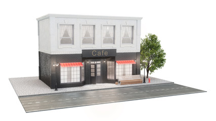 Cafe or coffee shop. Exterior of a building near the road on a white background. The view from the street is a bench with a garbage bin, street lights, hydrant and a beautiful tree, 3d illustration