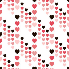 Seamless pattern with cute black, red and pink hearts on white background. Vector image.
