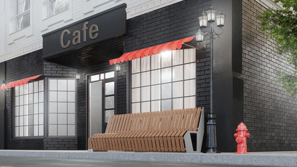Cafe or coffee shop. Exterior of a building near the road. The view from the street is a bench with a garbage bin, street lights, hydrant and a beautiful tree, 3d illustration