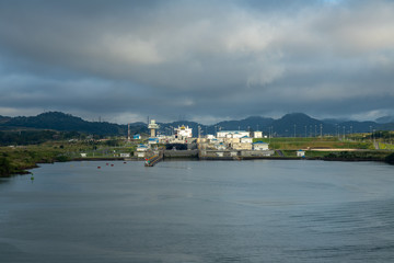 Fototapeta na wymiar View of the Miraflores Locks, East Lane. Giant locks allow huge ships to pass through the Panama Canal.