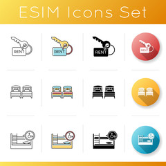 Rent service icons set. Communal space. Living accommodations. Hostel, hotel. Shared room. Common bedroom. University campus. Linear, black and RGB color styles. Isolated vector illustrations