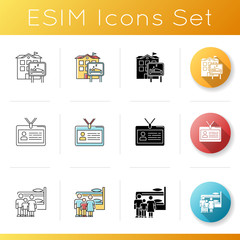 Hostel icons set. Motel, inn. Identity card. Communal space. Living accommodations. Shared space. Common bedroom. Family dormitory. Linear, black and RGB color styles. Isolated vector illustrations