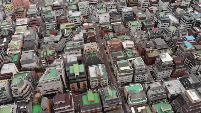 Aerial perspective of old residential area at Gangnam district, Daechi-dong. Three and four storey houses blocks, small streets, expensive real estate at central area of Seoul metropolis