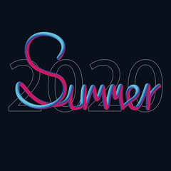 Summer 2020  lettering phrase  in red and blue neon gradients on black card for banners, party invitations or calendar planners. Calligraphy quote for 2020 year calendar, monthly logo, bullet journal 