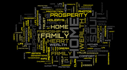 Family values yellow modern words cloud concept