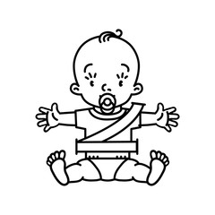 Baby in the car seat with seatbelt. Vector icon