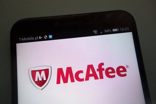 KONSKIE, POLAND - SEPTEMBER 15, 2018: McAfee logo on smartphone