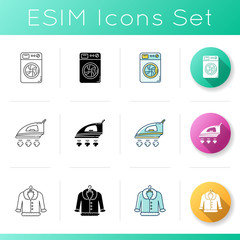 Laundry, clothes care icons set. Delicate fur dry cleaning and ironing. Washing machine and steam iron, household appliances. Linear, black and RGB color styles. Isolated vector illustrations