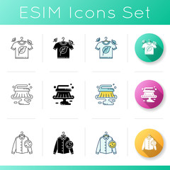 Washing clothes and cleanup icons set. Wet cleaning and express laundry service. Fabric care, eco dry cleaning, bio detergent use. Linear, black and RGB color styles. Isolated vector illustrations