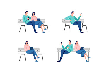 Plakat Young man and woman sitting in the city park on the bench. Set of vector illustrations.