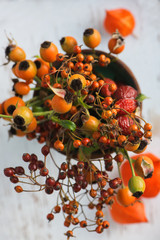 Bouquet of different rosehips with wooden background