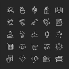 Healthy lifestyle chalk white icons set on black background. Travel and tourism. Cooking recipe. Open gift. Infant baby. Love life. Creative hobby. Isolated vector chalkboard illustrationss
