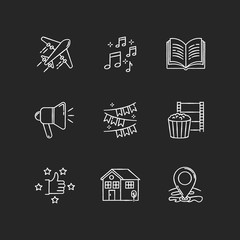 Recreation chalk white icons set on black background. Travel with flight. Music notes. Open book. Loudspeaker broadcast. Movie night. Recommendation sign. Isolated vector chalkboard illustrationss