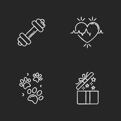 Lifestyle chalk white icons set on black background. Gym workout. Dumbbell for exercise. Heart rate. Birthday present for social media highlights. Isolated vector chalkboard illustrationss