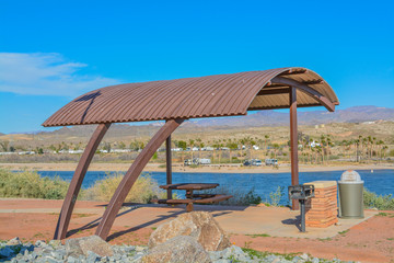 Picnic area over looking the Colorado River in the Lake Mead National Recreation Area, Laughlin, Nevada USA