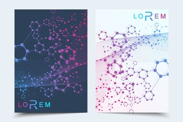templates for brochure magazine leaflet flyer cover booklet annual report. Modern futuristic hexagonal pattern with particle, molecule structure for medical, technology, chemistry, science.