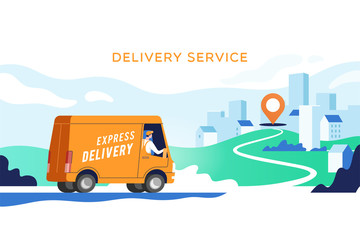 Express delivery truck with man is carrying parcels on points. Concept online map, tracking, service. Vector illustration. © faber14