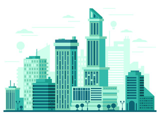 City skyscrapers view. Downtown buildings panorama, big city houses and skyline city office buildings. Urban landscape modern big city vector isolated illustration