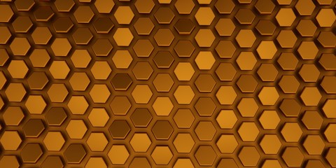 3d rendered background of random rotated color gold hexagons mosaic pattern.