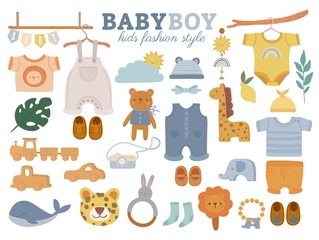 Set with baby trendy clothes, accessories and toys on white background. Boys kids fashion elements. Shorts, shirt, trousers, jumpsuit. Casual child wardrobe on hanger. Cartoon vector illustration.