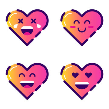 Cute hearts emoji. Heart emoticons, happy smiling Valentines day heart icons. Vector isolated icons set