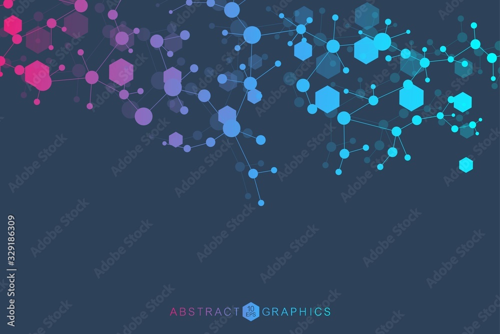 Wall mural Science network pattern, connecting lines and dots. Technology hexagons structure or molecular connect elements.