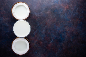 Coconut milk and coconut in glass on dark background. Coconut vegan milk non dairy with copy space. Healthy drink concept. Alternative milk. Flat lay
