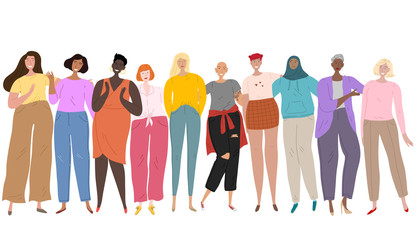 Goup of different ethnicity and cultures women standing together. Womens collective, friendship, union
