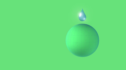 Waterdrop with green planet on green background. Saving water. World water day. Saving water quality. Environmental protection. 