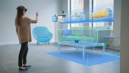 Decorating Apartment: Pretty Woman Wearing Mixed Reality Headset Uses Augmented Reality Interior Design Software to Choose 3D Furniture for Living Room. She Pick Sofa, Table and Lighting. 3D Render - Powered by Adobe