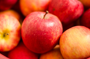 Fototapeta na wymiar Red apples close up. Fuji apple variety