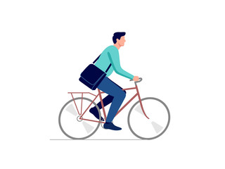 Man with bag, riding city bicycle. Vector illustration.