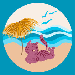 Fototapeta na wymiar Funny kitty sunbathing on the sand by the sea under an umbrella. Summer vacation cat . Scandinavian flat hand drawn vector character illustration.