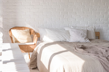 Bedroom interior in light tones. Design. Interior.