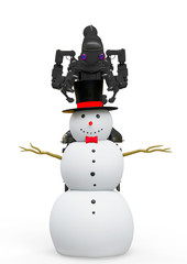 friendly robot is building a snow man in white background front view