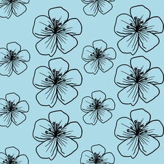 Cherry blossom cyan blue pattern blooming spring flowers floral botanical background illustration for card design