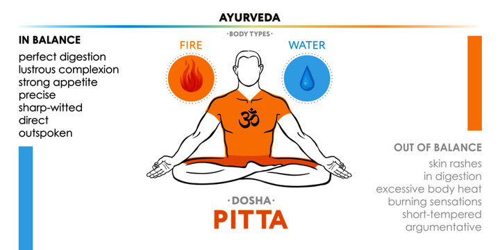 Pitta dosha (or mesomorph) ayurvedic physical constitution of human body type. Editable vector illustration of a man in asana padmasana on a white background, for yoga design - banner, poster, textile