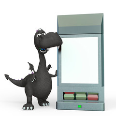 baby dragon cartoon besides a sell machine in a white background