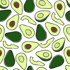 Vector seamless summer pattern with avocados. Tasty fruits drawn in line art and colored in misprint style
