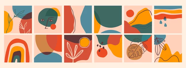 Große Reihe von abstrakten Hintergründen. Handgezeichnetes Doodle verschiedene Formen, Blätter, Gesicht, Flecken, Tropfen. Zeitgenössische, moderne, trendige Vektorgrafiken. Jeder Hintergrund ist isoliert. Pastellfarben © Dariia