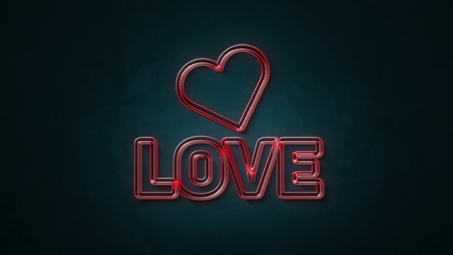 Love and togetherness concept; 3D rendered neon wor love with heart shape on blue background.
