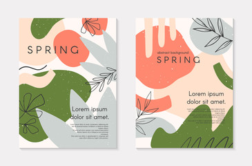 Set of spring vector collages with hand drawn organic shapes and textures in pastel colors.Trendy contemporary design perfect for prints,flyers,banners,invitations,branding design,covers and more