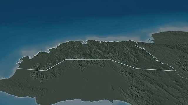 Hanover, parish with its capital, zoomed and extruded on the administrative map of Jamaica in the conformal Stereographic projection. Animation 3D