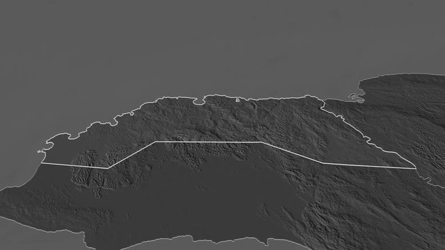 Hanover, parish with its capital, zoomed and extruded on the bilevel map of Jamaica in the conformal Stereographic projection. Animation 3D