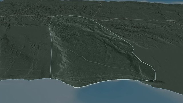 Manchester, parish with its capital, zoomed and extruded on the administrative map of Jamaica in the conformal Stereographic projection. Animation 3D