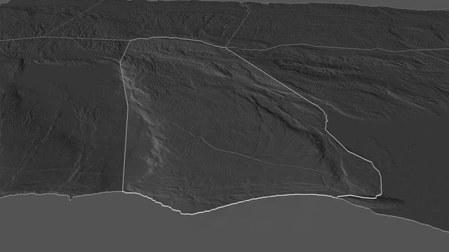 Manchester, parish with its capital, zoomed and extruded on the bilevel map of Jamaica in the conformal Stereographic projection. Animation 3D