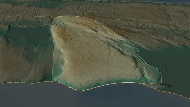 Manchester, parish with its capital, zoomed and extruded on the relief map of Jamaica in the conformal Stereographic projection. Animation 3D
