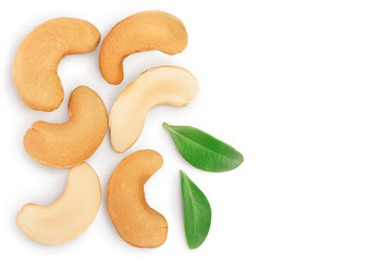 Roasted Cashew nuts isolated on white background with clipping path and full depth of field. Top view with copy space for your text. Flat lay