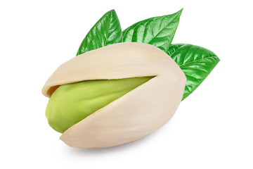 pistachio with leaves isolated on white background with clipping path and full depth of field