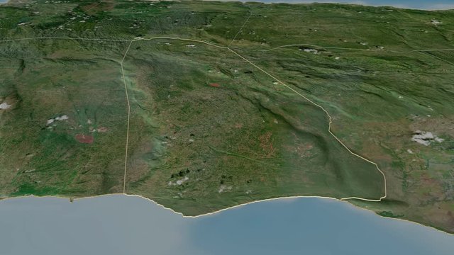 Manchester, parish with its capital, zoomed and extruded on the satellite map of Jamaica in the conformal Stereographic projection. Animation 3D